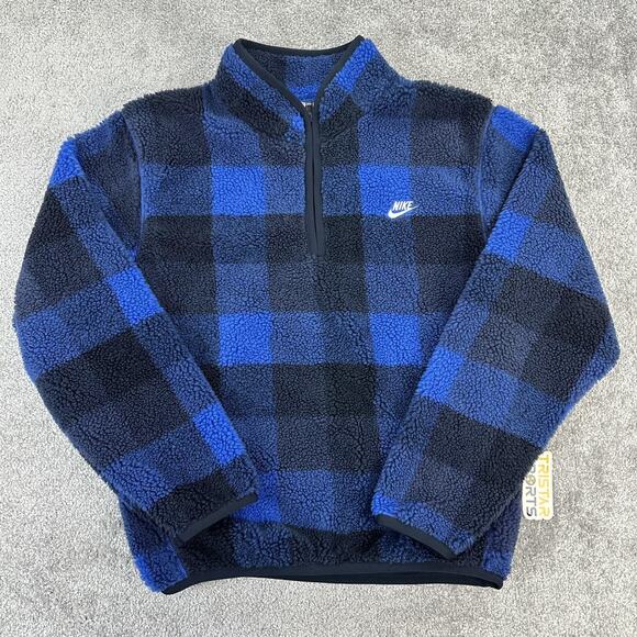 Nike Pullover Jacket Mens XL Buffalo Plaid Fleece Sherpa Blue Black 1/2 Zip - Picture 1 of 11